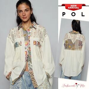 POL Lace Patchwork Floral Trim Long Sleeves Chest Pocket Oversized Shirt | Ivory